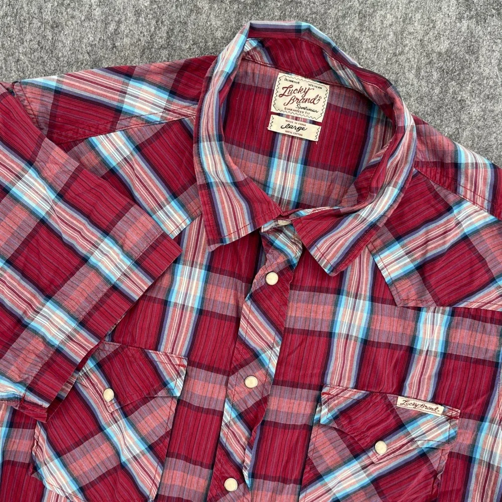 Lucky Brand Shirt Mens Large Red Plaid Short Sleeve Western Pearl Snap Cowboy